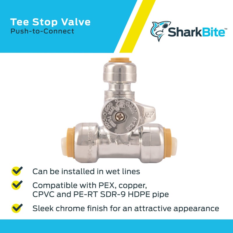SharkBite 1/2 x 1/2 x 1/4 Inch Compression Tee Stop Valve, Push-to-Connect Chrome Brass Plumbing Fitting, 24987A - Image 4